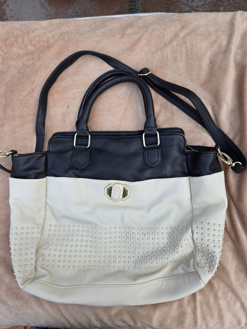 Big Buddha Black and Cream Colorblock Crossbody Tote Bag with Studs"